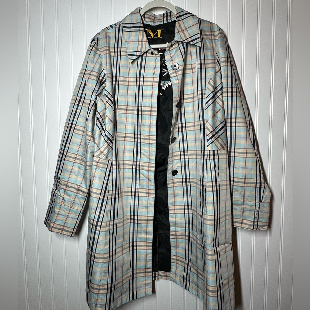 Mycra Pac Life Blue Multicolor Preppy Plaid Lined Trench Rain Coat M/L